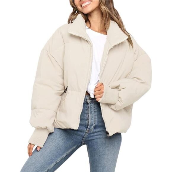 Women’s Winter Warm Cropped Puffer Jacket – Zip-Up, Drawstring, Baggy Outerwear - Picture 1 of 7